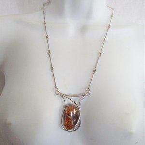 Handmade Signed Vintage Retro Hinged AMBER Sterling Silver Pendant Necklace
